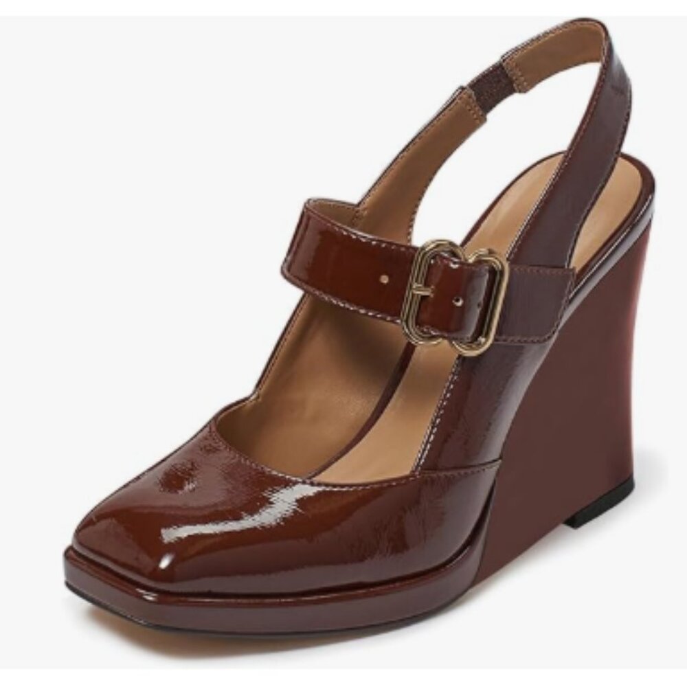 FYS Chocolate Platform Square Toe Pumps Strappy Wedge High Heels Sexy Shoes